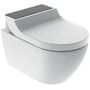 Geberit AquaClean Tuma Comfort væghængt douchetoilet i hvid keramik med sort glasdetalje på bagsiden.