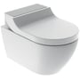 Geberit AquaClean Tuma Comfort væghængt douchetoilet i hvid porcelæn med en børstet rustfri stålplade på toppen, set fra siden.