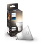 Emballage til Philips Hue White GU10 LED pære med information om 400 lumen, 2700K og smart styring.