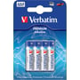 Fire Verbatim Premium Alkaline AAA batterier i blisterpakke med blå baggrund og illustrationer af elektroniske enheder.