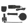 Alle dele af DeLock USB kondensatormikrofon sættet, herunder mikrofon, stativ og popfilter, arrangeret separat.