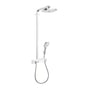 Hansgrohe Raindance Select E 300 2jet showerpipe i hvid og krom med firkantet hovedbruser og håndbruser.