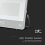 V-TAC 200 W LED-projektør set tæt på med LED-felt og sort monteringsbøjle; grafikken angiver 115 graders spredning.