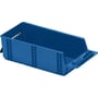 Blå Raaco reolskuffe i polypropylen med mål 168x111x375 mm, set fra skrå vinkel med greb bagpå.