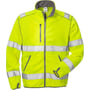 Forsiden af en gul Kansas Fristads Hi-Vis softshell jakke i str. XL med lynlås, lommer og refleksdetaljer.
