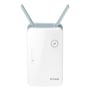 Fronten af D-Link E15 AX1500 Mesh Range Extender i hvid, med logo, WPS-knap og LED-indikatorer, klar til brug.