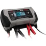 Schumacher Electric SPI 16 PRO batterilader med 12/24V og 16/8A mærkat, viser opladningsprocent på 16,0. Produktet har sorte gummikanter og klemmer i rødt og sort.
