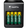 Nærbillede af Varta LCD Plug Charger+ med fire AA genopladelige batterier indsat og klar til opladning.