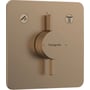 Hansgrohe DuoTurn brusearmatur i børstet bronze, med firkantet design og to betjeningsgreb til temperatur og udtag.