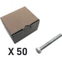 Nærbillede af en Cubic 6-kant skrue uden skaft, ved siden af en brun papkasse mærket 'X 50'.