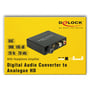 Emballage til Delock digital audio converter med produktbilleder og specifikationer som DAC, SNR: 105 db og frekvensområde 20 Hz - 20 kHz.