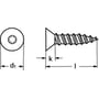 Teknisk tegning af en pladeskrue med undersænket hoved, der viser dimensionerne for diameter (d1) og længde (l) samt k-mål.