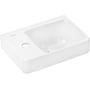 Hansgrohe Xelu Q håndvask i hvid porcelæn med hylde til venstre og hanehul. Mål: 360x250 mm.