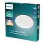 Emballeret Philips Moire loftlampe, 36W, viser fronten af den hvide, runde lampe med oplysninger om LED, EyeComfort og varm hvidt lys.