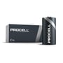 En pakke med 10 Duracell Procell C batterier, hvor ét batteri står ved siden af den mørkeblå pakke med hvid tekst.