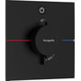 Hansgrohe ShowerSelect Comfort E termostatbatteri i mat sort, med central betjeningsknap, temperaturvisning og Select-symbol.