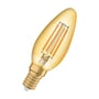 Osram Ledvance 1906 kertepære med E14 fatning, gylden amber farve og synlig filament.