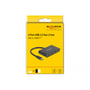 Den gule emballage til DeLock USB 3.2 Gen 2-hubben viser hubben med fire USB-C-porte.