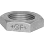 Georg Fischer kontramøtrik med 1" gevind, lavet af blødstøbt jern med synligt GF+ logo og indvendige cylindriske gevind.