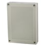 Fibox MNX polycarbonat kassebund 180x130x50 mm i grå, vist med dæksel fastgjort med fire polyamid skruer.