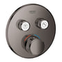 Grohe Grohtherm SmartControl termostat i antracit look med tre runde greb og trykknapper, viser 38 grader.