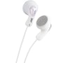 Detaljeret nærbillede af hvide JVC HA-F14 Gumy in-ear hovedtelefoner, der viser L-mærket, ørepropperne og lydgitrene.