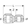 Teknisk tegning af Geberit FlowFit reduktion i sort PPSU, der viser dimensioner 75 mm til 40 mm og mærkningerne L, Z, d og d1.