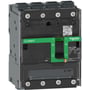 Schneider Electric ComPacT NSXm 100NA 4-polet lastadskiller med grøn betjeningsarm vist i 'OFF' position, monteret på en mørk baggrund.