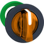 Schneider Electric Harmony drejegreb med 3 positioner i orange plast med en grøn monteringsring i baggrunden.