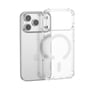 Det gennemsigtige 4smarts Hybrid Case Ibiza står foran en iPhone, så den hvide magnetring og de klare kanter ses.