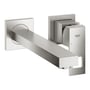 Grohe Eurocube 1-grebs, 2-huls indbygningsarmatur i børstet stål med fast tud og fremspring på 231mm, vist på hvid baggrund.