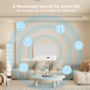 Bluetooth gateway hub i midten af en illustration med trådløse ringe og ikoner for smart home-enheder.