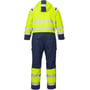 Bagfra af Fristads HI Vis AIRTECH® vinterkedeldragt i gul og marineblå, med reflekterende striber, baglommer og justerbare bukseben.