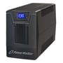 Skrå frontvisning af PowerWalker VI 2000 SCL UPS, med fokus på det oplyste LCD-display og PowerWalker logoet.