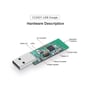 Sonoff CC2531 Zigbee USB-dongle med markeringer af knapper, LED'er, antenne, stik og spændingsregulator.
