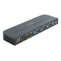Nærbillede af bagpanelet på Delock KVM switch, viser DisplayPort, HDMI, USB 3.0 og lydporte for tilslutning.