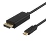 Deltaco USB-C til DisplayPort-kabel i sort set skråt, hvor de forgyldte stik og deres forskellige former ses tydeligt.