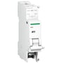 Sidebillede af Schneider Electric underspændingsspole MNx 230VAC, viser monteringsmekanisme og den hvide plastkonstruktion.