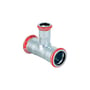 Geberit Mapress tee-stykke med muffe samling, dimensioner 108x54x108 mm, i metal med røde markeringer.