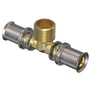 Wavin Tigris M5 tee-stykke i messing med 1/2" udvendigt gevind og to 20mm presfittings til rørinstallation.