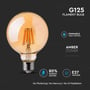 Informationsgrafik for V-TAC G125 filament globepære, viser dæmpbar funktion, energibesparelse og E27 fatning.