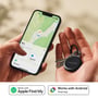 Chipolo LOOP-tracker hænger på nøgler i en hånd, mens en iPhone viser Find My-kort; Apple- og Android-kompatibilitet fremgår.