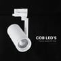 Hvid V-TAC 30 W CCT-skinnespot vist med tekst om COB LED-lyskilden.