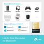 Infografik med TP-Link UB600 nano USB-adapter og eksempler på Bluetooth-enheder; donglen er mærket UB500 og Bluetooth 5.4.