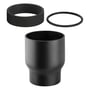 Geberit 75x80 mm sort krympemuffe af PEH-materiale vist sammen med en tætningsring og en adapter.