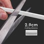Saks der klipper en V-TAC VT-560 Neon Flex LED-strip, med angivet '2.9cm skæreaflastning' og en nærbilledvisning af snittet.