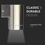 V-TAC GU10 væglampens cylindriske form med tekst der fremhæver 'CLASSIC & DURABLE DESIGN' og 'STAINLESS STEEL BODY'.