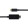 Deltaco sort USB-C til HDMI-kabel på 1 m ligger vandret med USB-C-stikket til venstre og HDMI-stikket til højre.