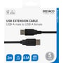 Emballagen til Deltaco USB-forlængerkablet viser USB-A-stikkene, USB 2.0, 2 meter og hastighed op til 480 Mbit/s.