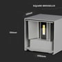 Dimensioner på V-TAC LED væglampen: 100mm i højde, bredde og dybde, med grafisk visning af målene.